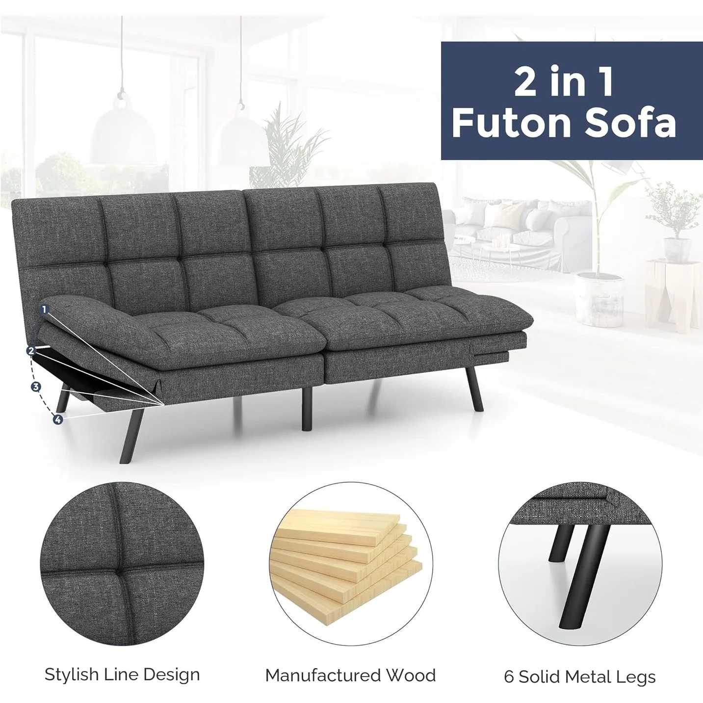 Memory Foam Futon Couch Bed Convertible Sofa with Adjustable Splitback for Compact Living Space