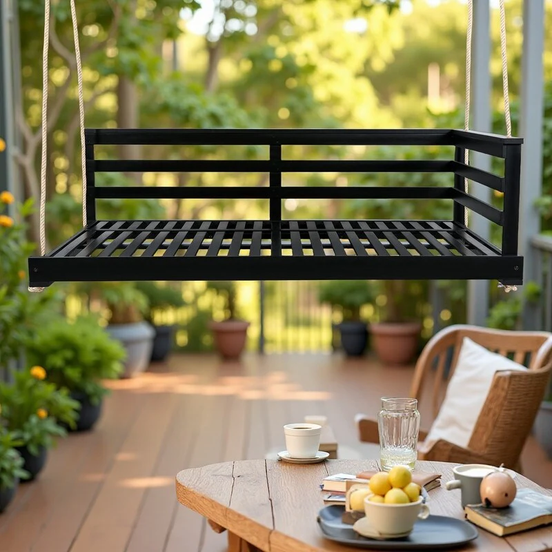 Acacia Wood Outdoor Porch Swings Daybed with 4 Hemp Ropes and Twin Size Frame