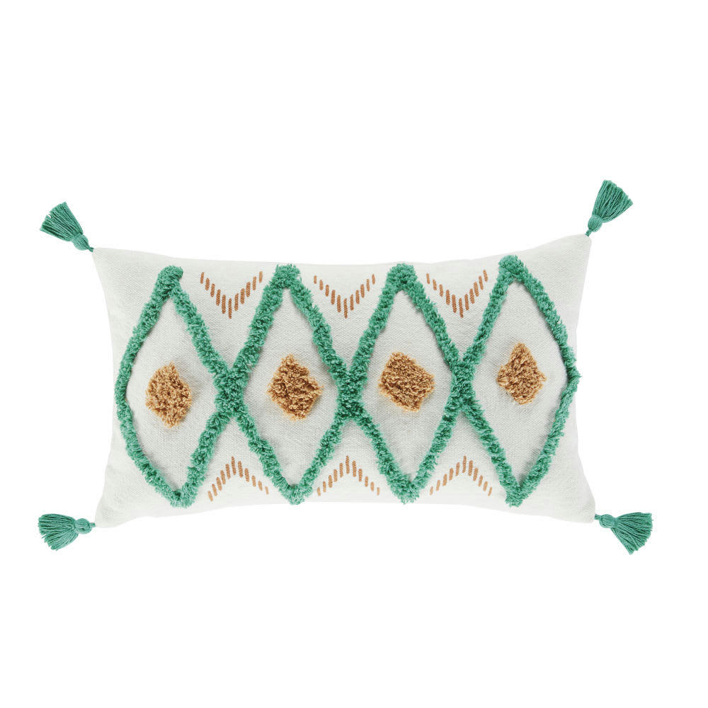 - Coussin à motifs ethniques écrus, verts et corail, 30x50