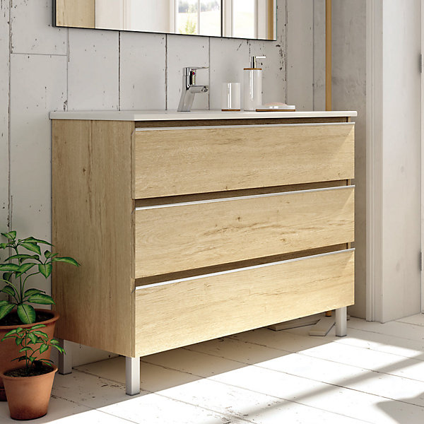 Ensemble meuble de salle de bain 100cm simple vasque   colonne de rangement PALMA - bambou (chêne clair)
