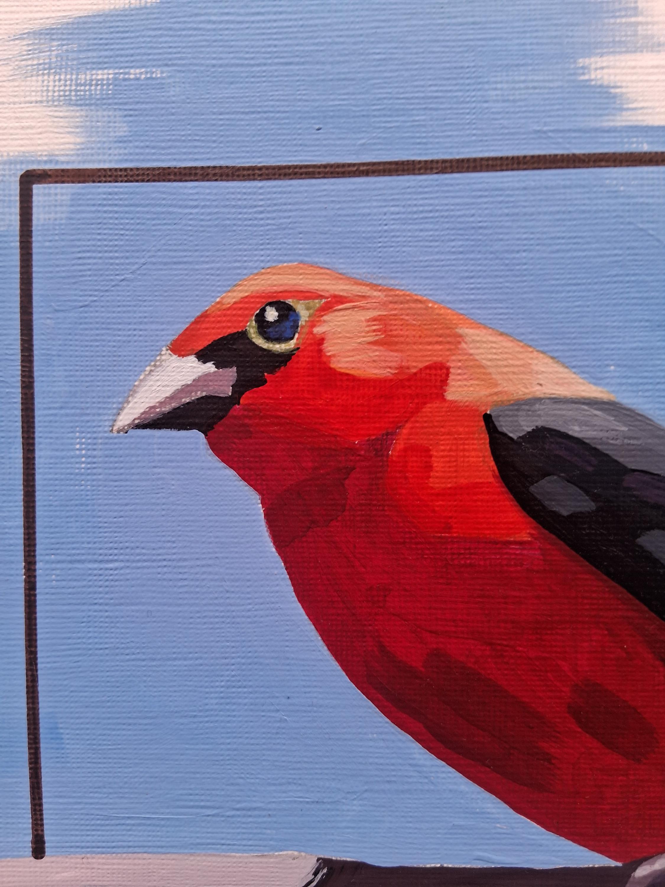 Original Red Bird Painting, Red Bird Wall Art, Small Wild Bird Canvas, Colorful Songbird Artwork, Fine Art Gift for Bird Lover,