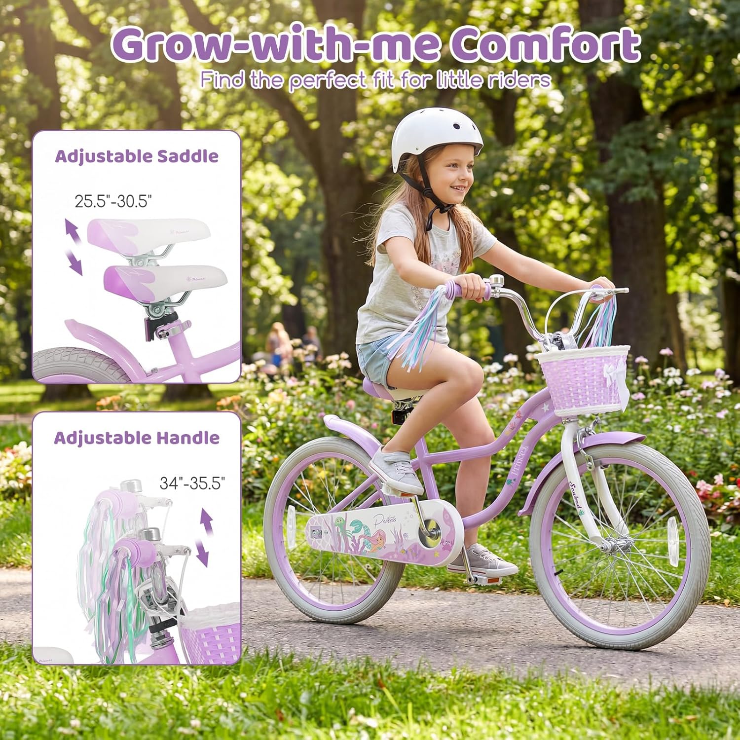 COSTWAY Mermaid Kids Bike, 12/14/16/18/20 Inch Toddler Bike w/Removable Training Wheels, Streamers, Doll Storage Basket, Handbrake & Coaster Brake, Children Kids Bicycle for 3+ Years Old Boys & Girls