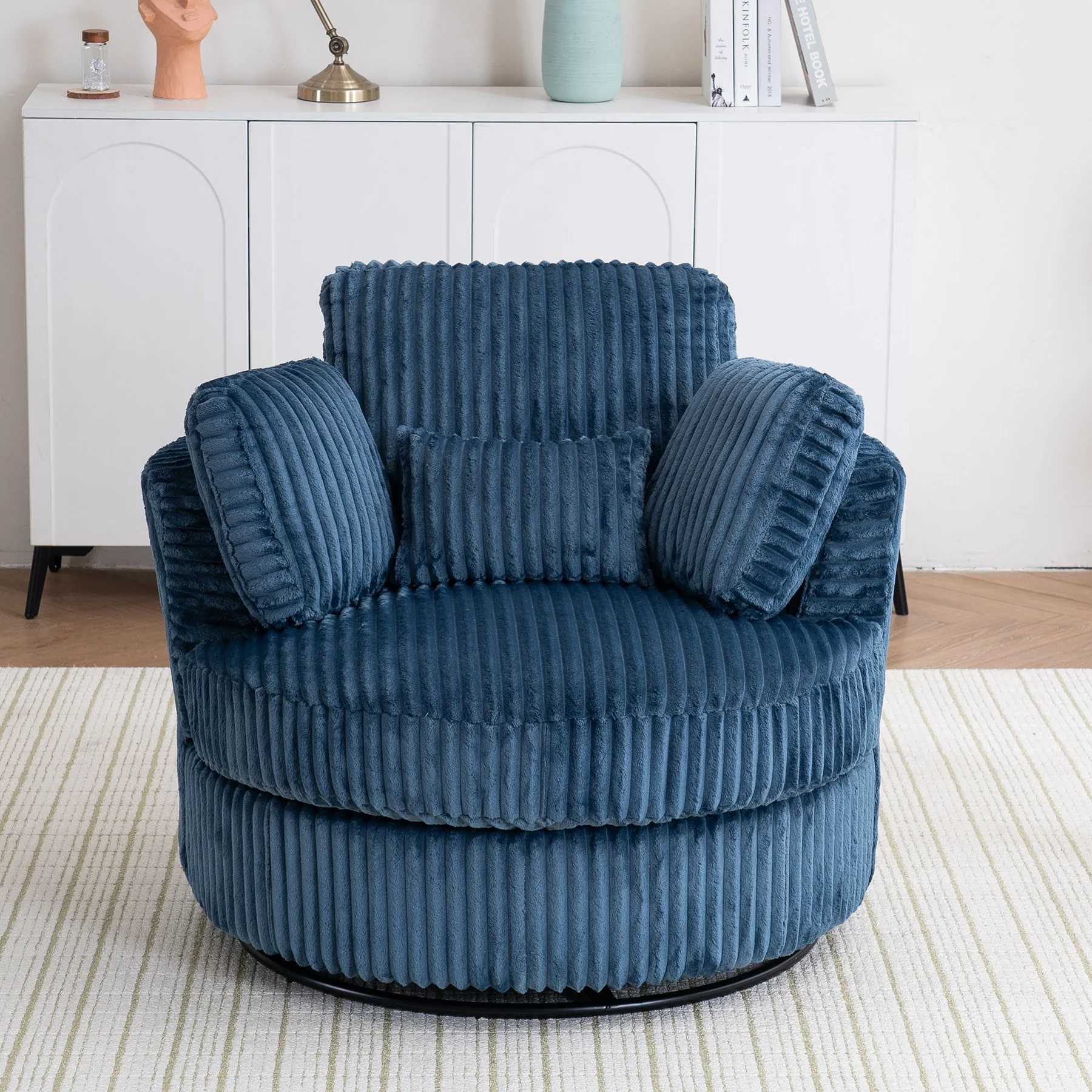 360 Degree Rotation Swivel Chair Corduroy Barrel Chair for Living Room with Pillows