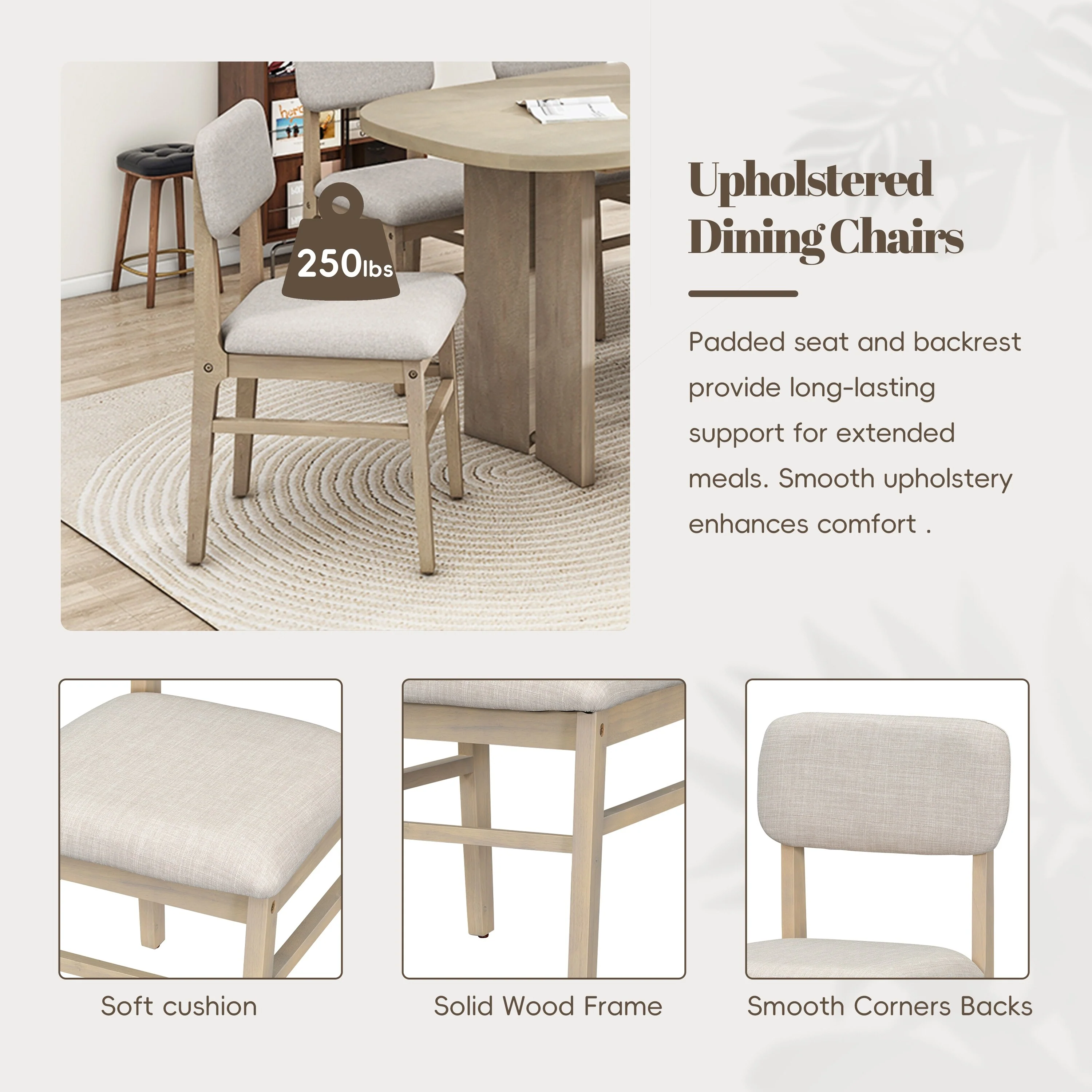 Solid Wood Dining Table Set with Bench - 6-Piece Upholstered Rectangular Dining Room Table Set with Bench