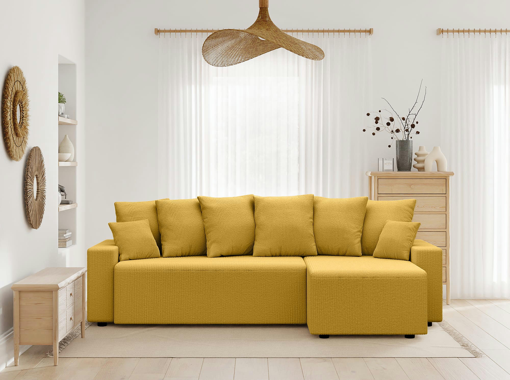 ALMA - Canapé d'angle convertible en velours côtelé 4 places jaune