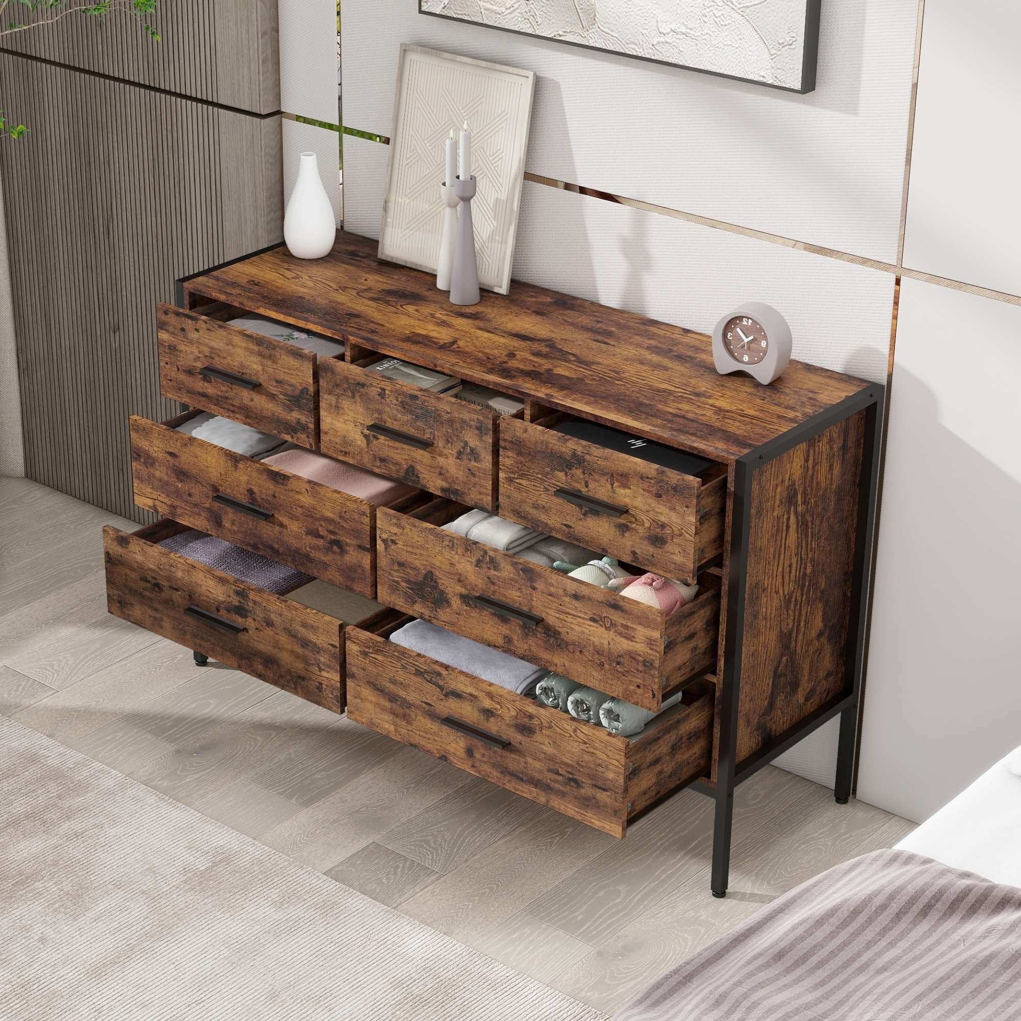 Wood Dresser with 7 Drawers Rustic Brown Wooden Storage Closet with Sturdy Steel Frame Sideboard/Buffet
