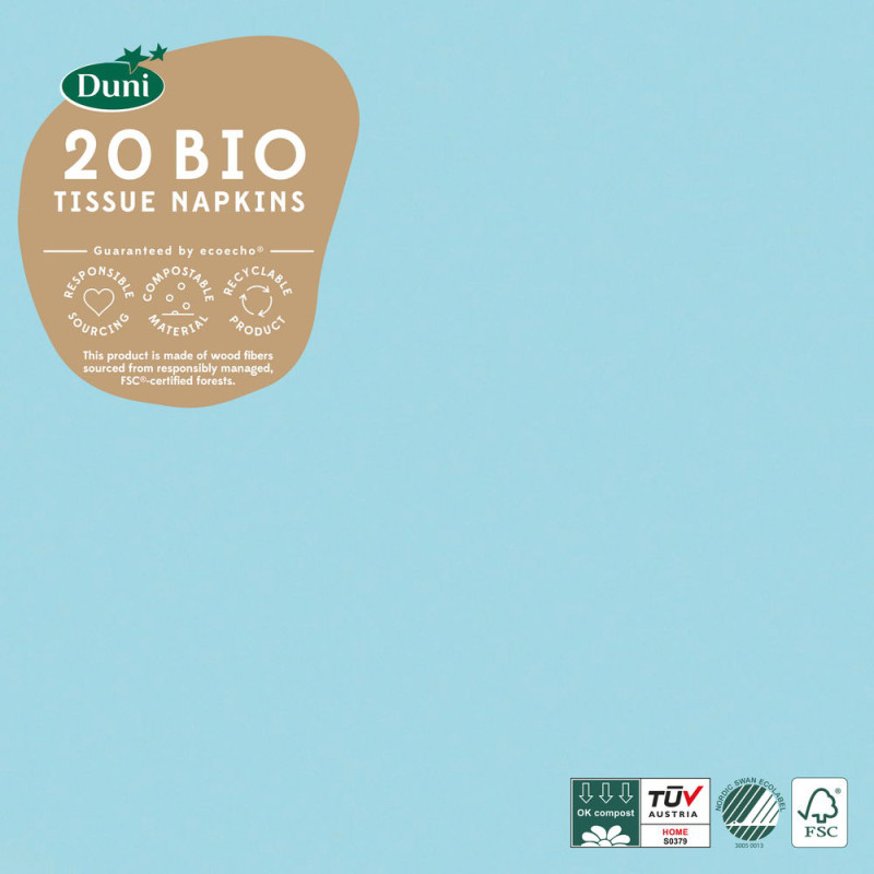 Serviette en tissu Bio 3 plis menthe bleue 33 x 33 cm 20 pièces DUNI