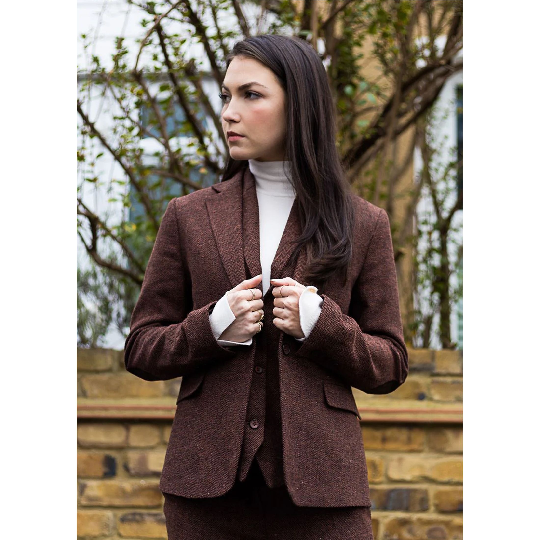 Infinity Leather Women's Herringbone Wool Tweed Check Blazer