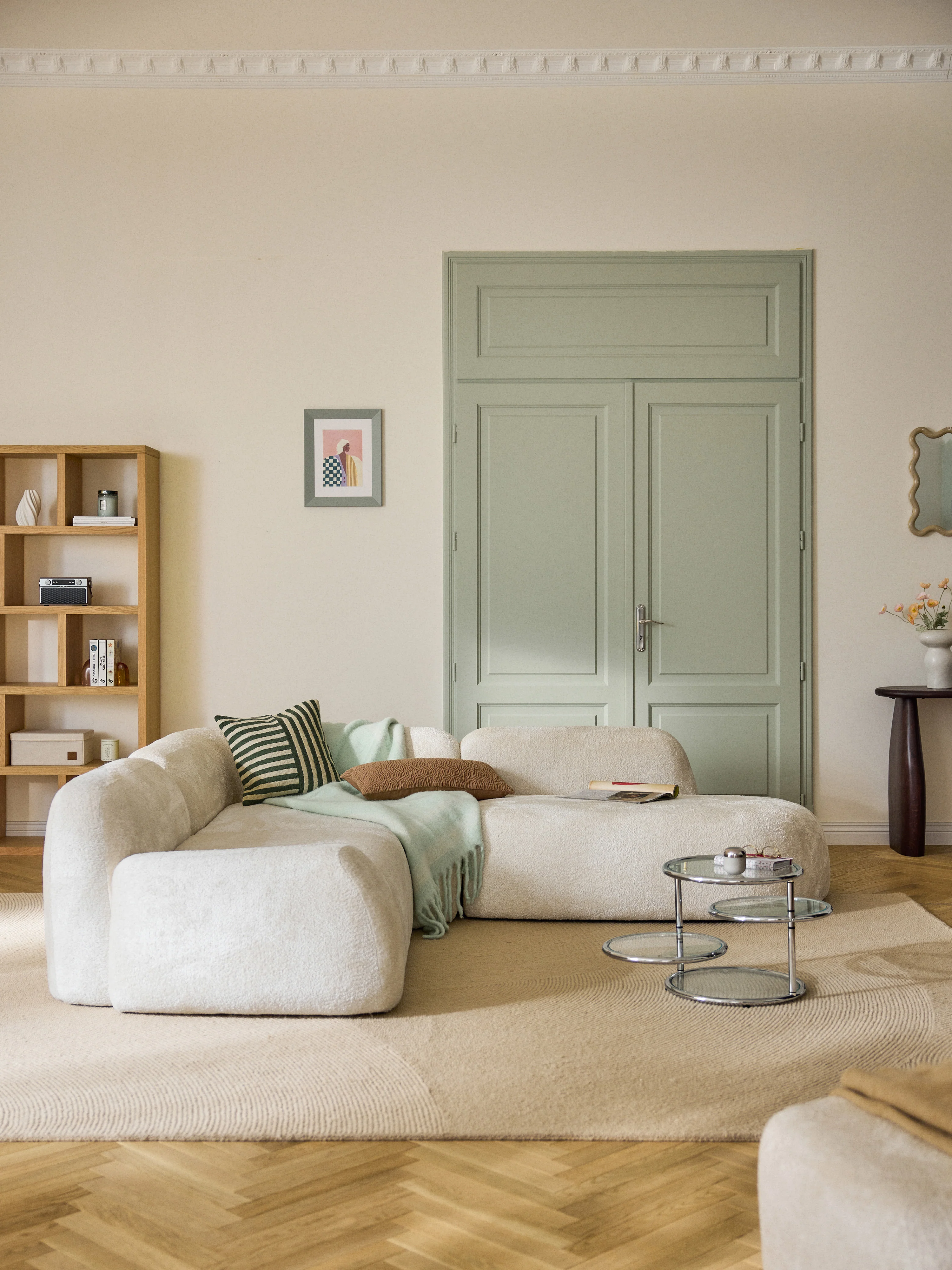 Modulares Ecksofa Wolke (4-Sitzer) aus Teddy-Bouclé mit Chaiselongue