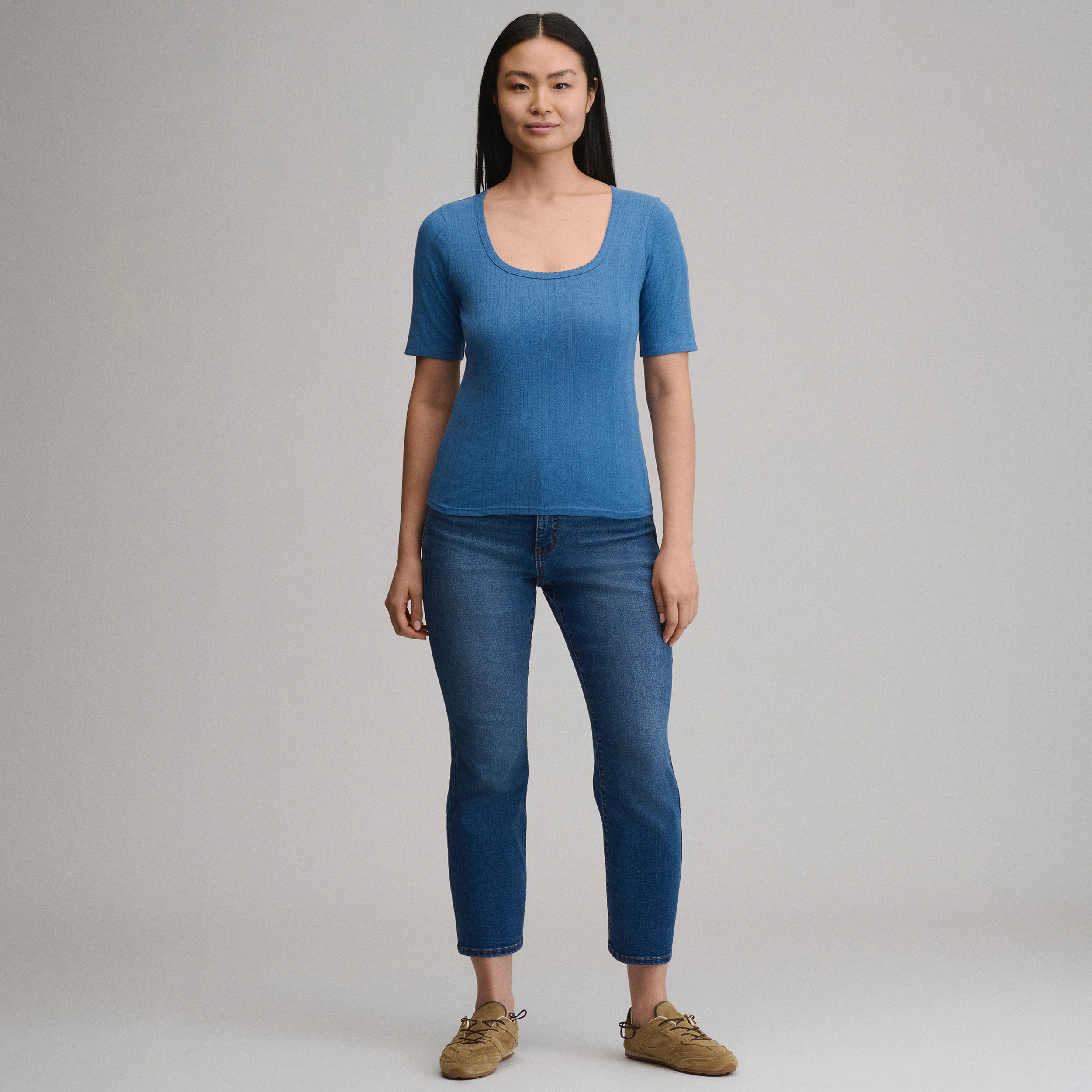 Women's Short-Sleeve Pointelle Square-Neck Crew