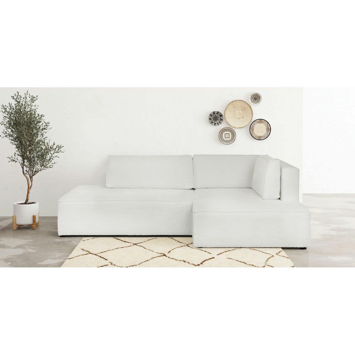 BARANI - Canapé d'angle à droite convertible 3 places en tissu bouclé écru