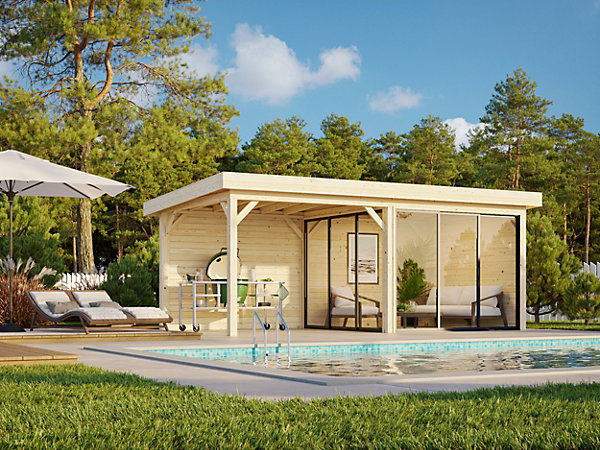 Abri de jardin Palmako Lenna 405 en bois naturel ép.28 mm et pergola 10,1m² 21,4m²
