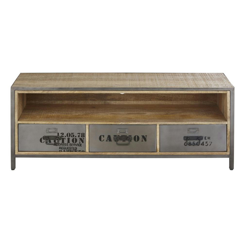 Manufacture - Meuble TV style industriel 3 tiroirs en bois de manguier et métal gris anthracite