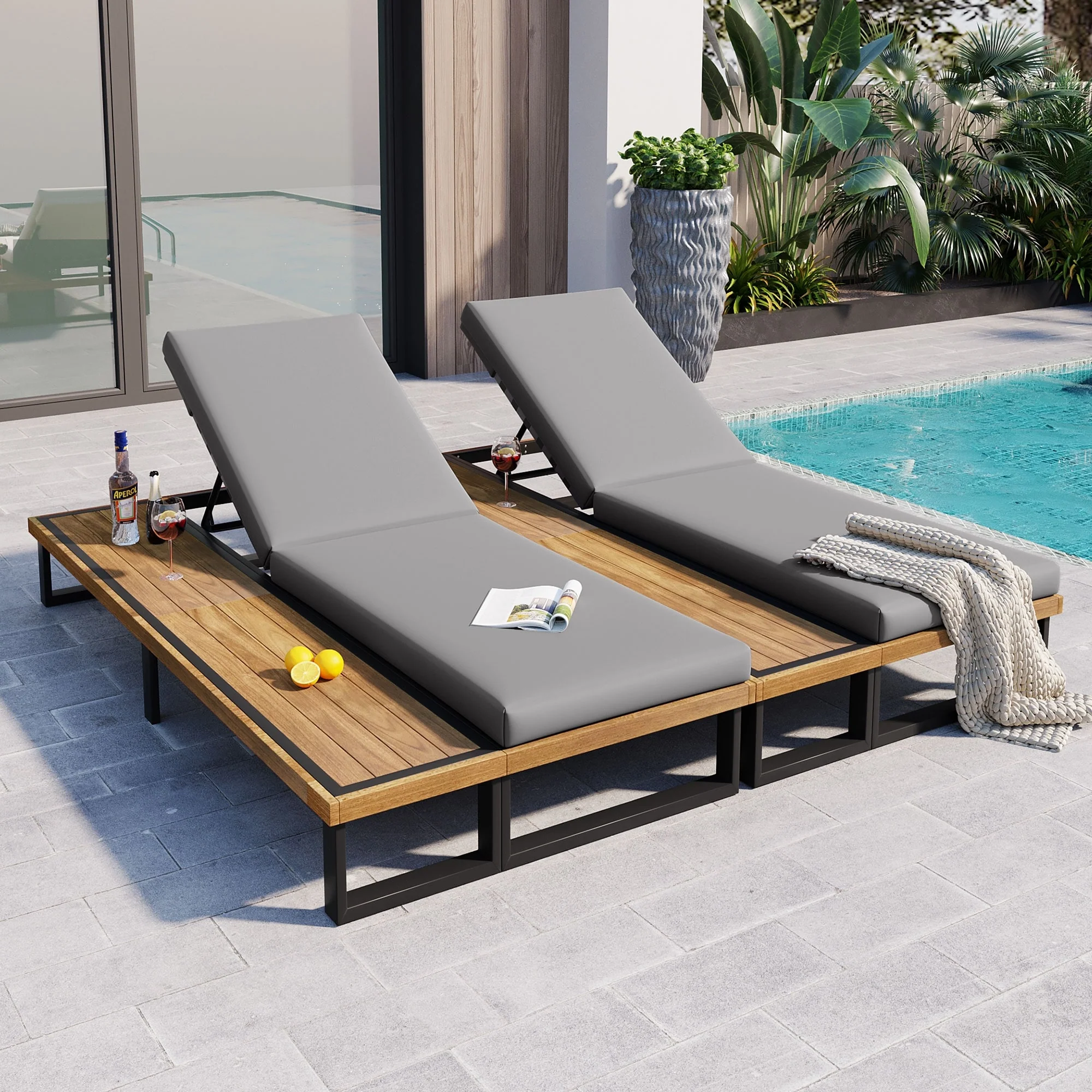 2-Piece Adjustable Chaise Lounge Set - Outdoor Reclining Chairs with Cushions & Wood Side Table for Pool, Garden & Backyard