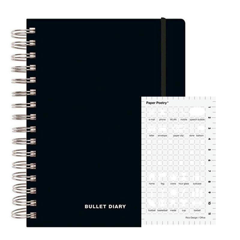 BULLET - Agenda bullet journal spirales 96 feuilles avec pochoir icônes bureau