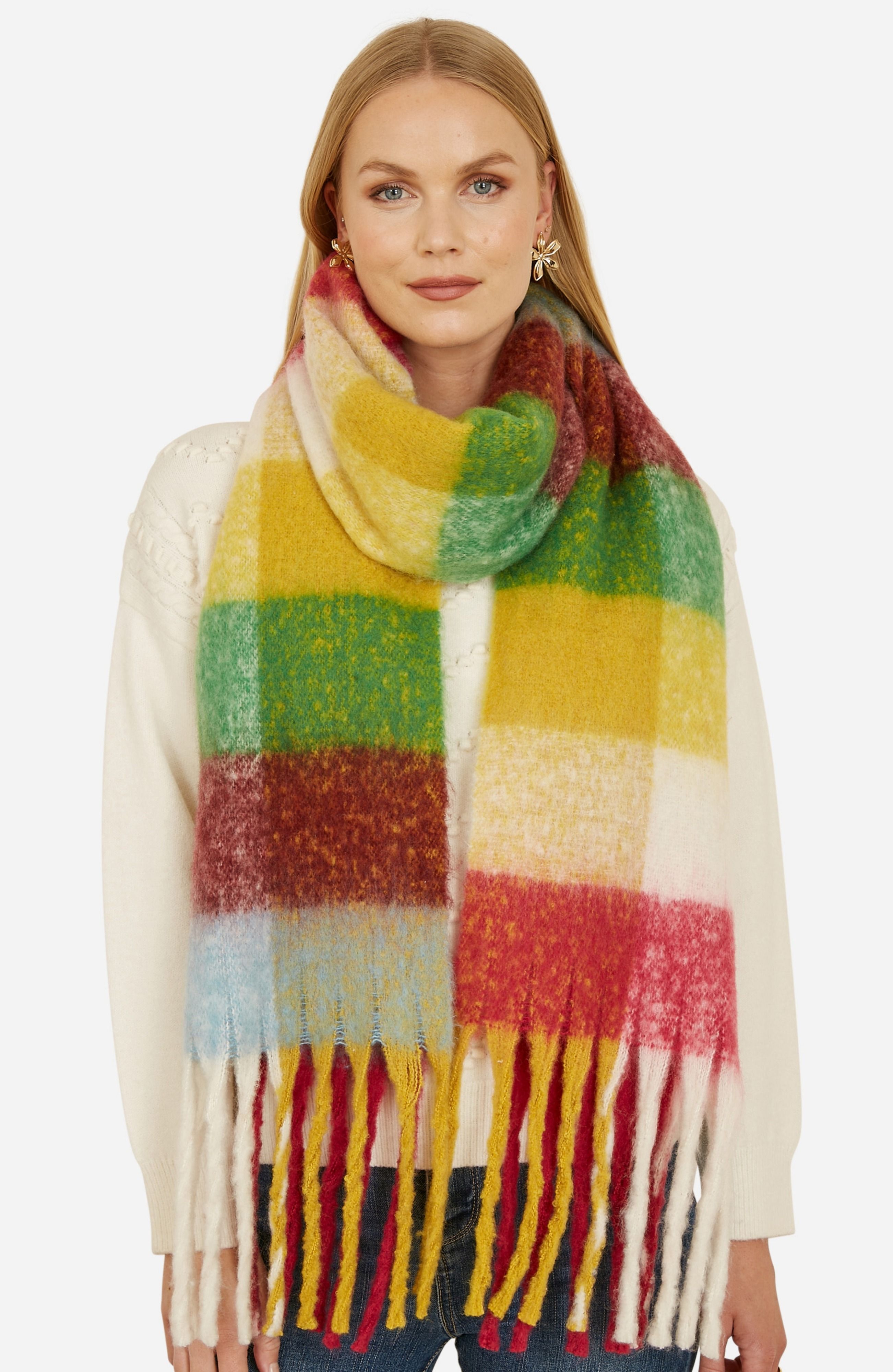 Yumi Purple And Green Check Fluffy Scarf