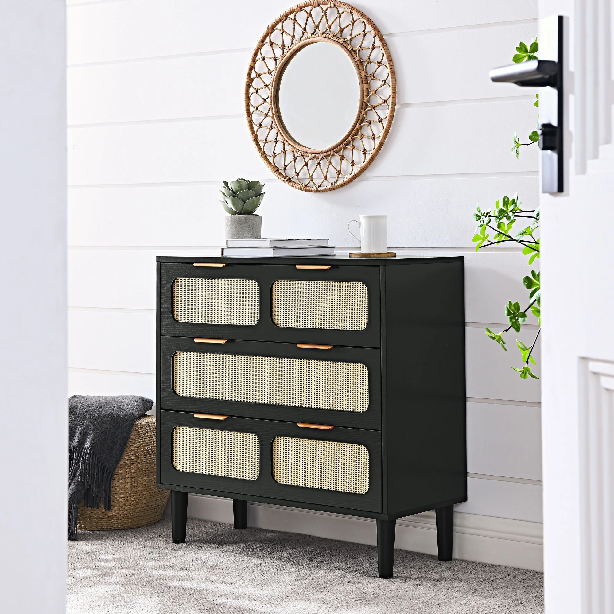Farmhouse Wooden Storage Chest,Modern Rattan Dresser Cabinet with 3 Wide Drawers and Metal Handles