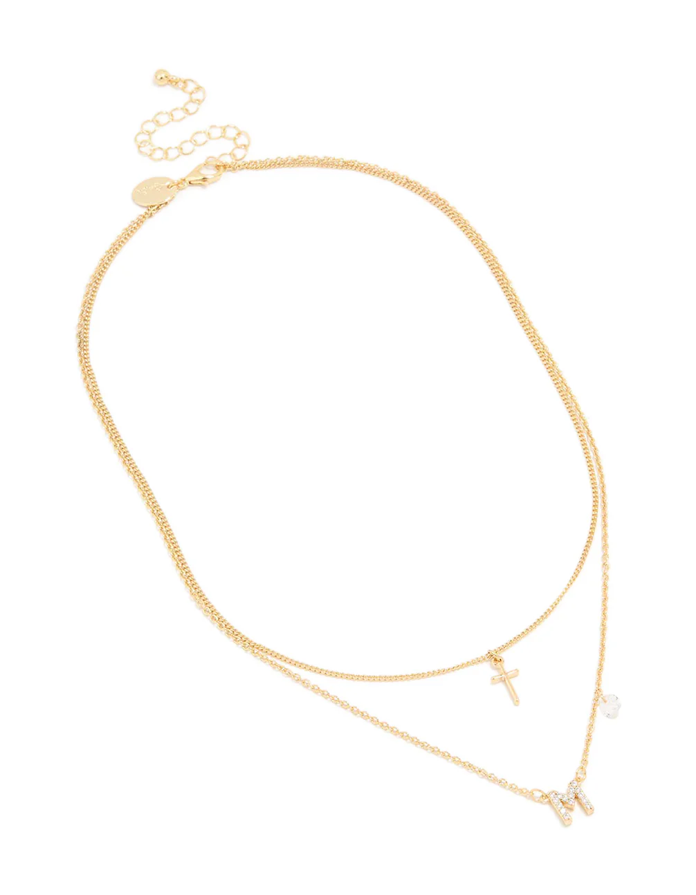Gold Plated Cubic Zirconia Cross Letter M Layered Necklace