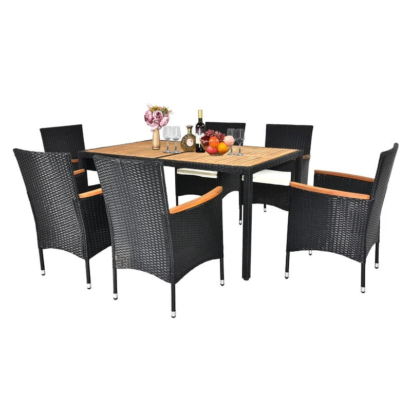 Patio 7-Piece Wicker Acacia Wood Outdoor Dining Set with Beige Cushion