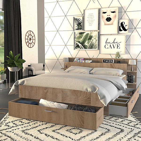 Lit SAMBA 140x190cm   tête de lit   2 tiroirs / Décor Chêne blanchi