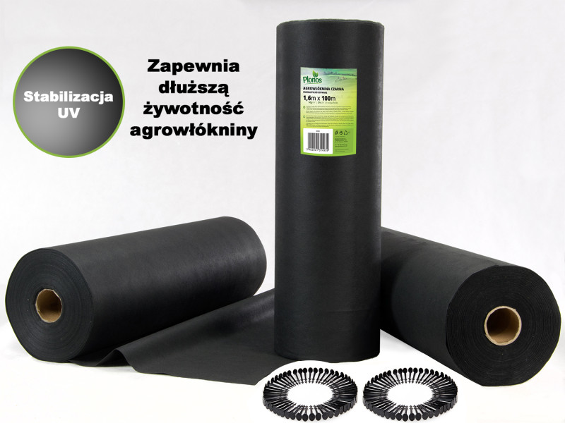 Agrowłóknina 1,6x100m na chwasty   100 szpilek Plonos