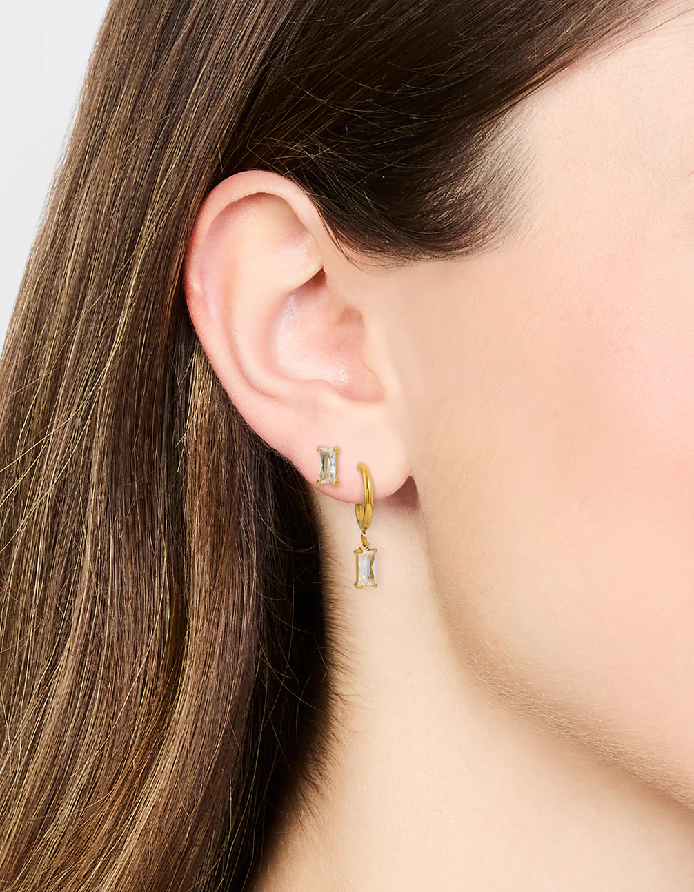 Waterproof Gold Plated Stainless Steel Cubic Zirconia Rectangle Stud & Hoop Earrings 2-Pack
