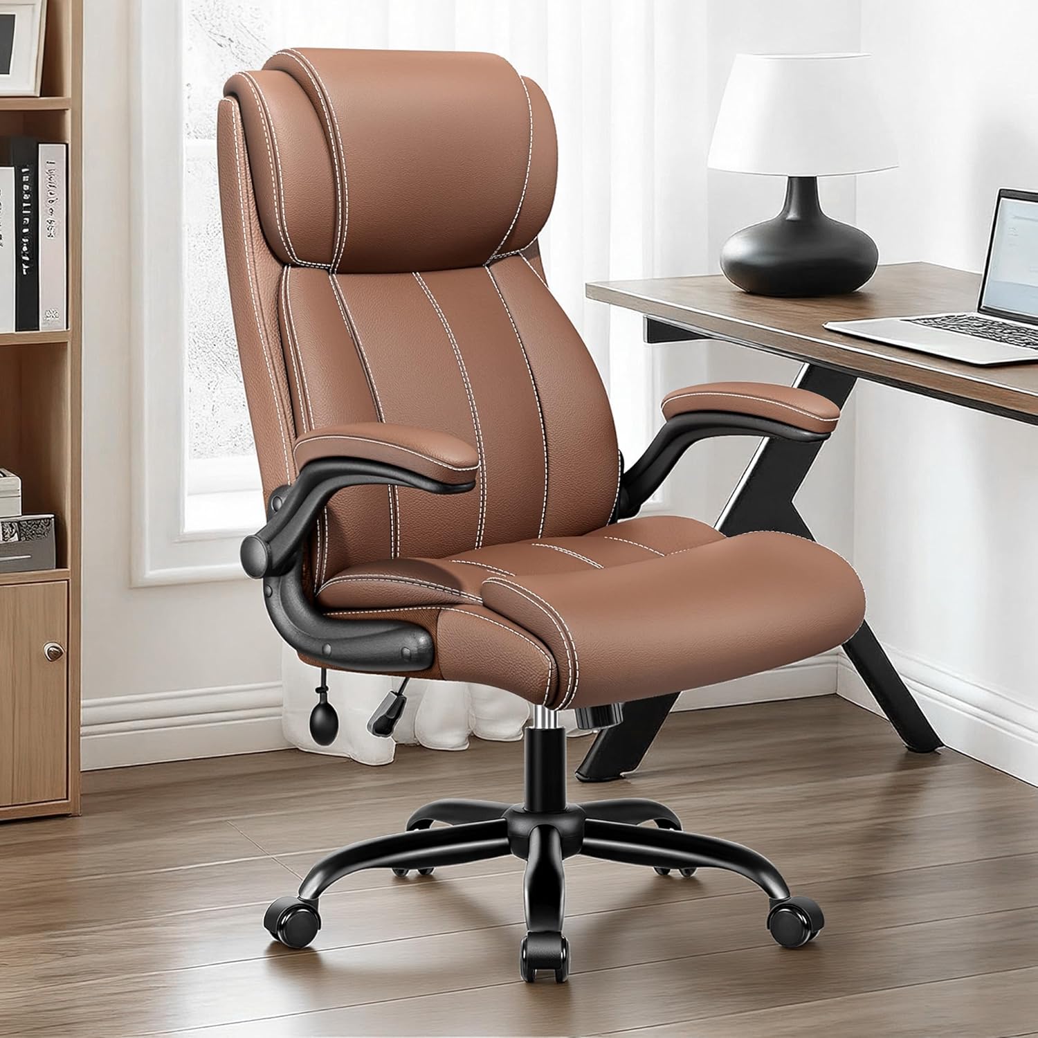 BESTFAIR Ergonomic Office Chair - Home Desk Computer Chair, Leather High Back Executive Chairs with Adjustable Lumbar Support & Flip-up Arms, Rocking Swivel Comfy, Brown