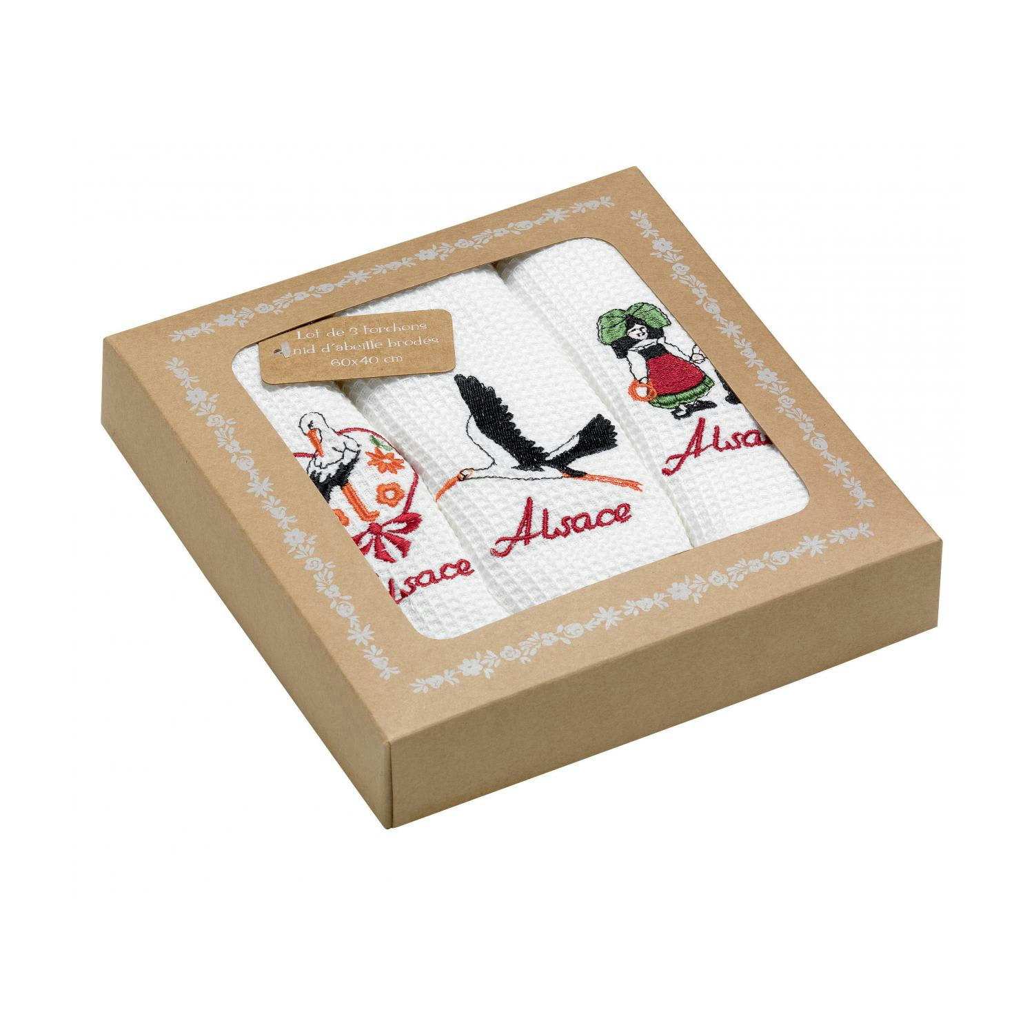 BRODERIE ALSACE - Lot de 3 torchons nid d'abeilles alsace brodés blanc 40 x 60