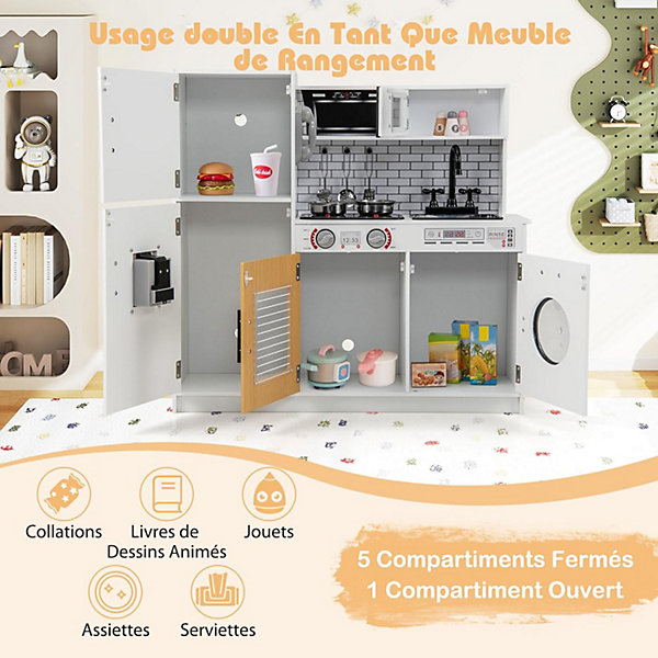 Cuisine en Bois Enfant avec Effet Sonore et Lumière, Kit Accessoires Cuisine Enfant avec Four, Machine à Laver, Téléphone (Blanc)