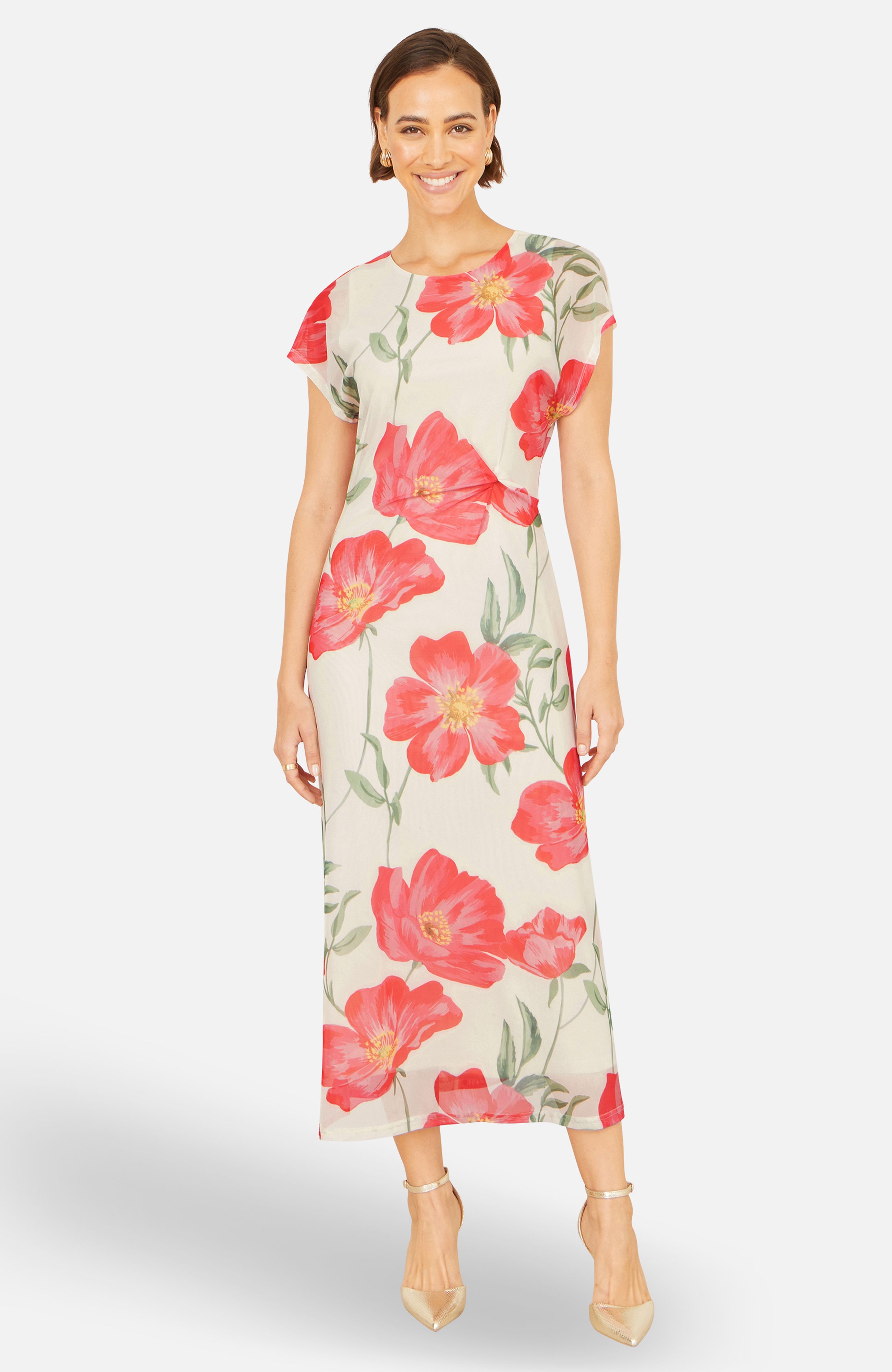 Yumi Poppy Print Midi Mesh Dress