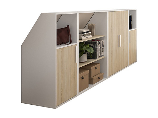 Meuble sous pente 4 portes, 2 étagères et 2 niches - Blanc et naturel - ADEZIO