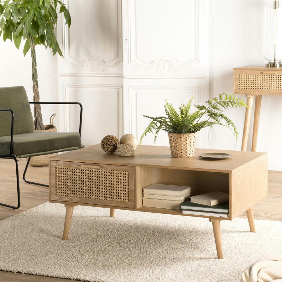 ROMEO - Table basse 1 niche 2 tiroirs en pin cannage couleur naturelle L100