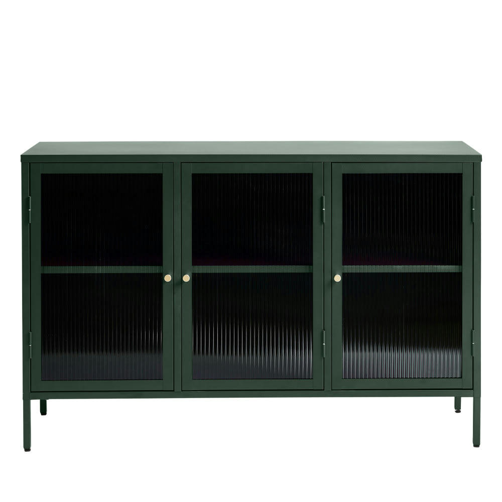 BJORN - Buffet 3 portes en verre strié et métal L132cm vert foncé