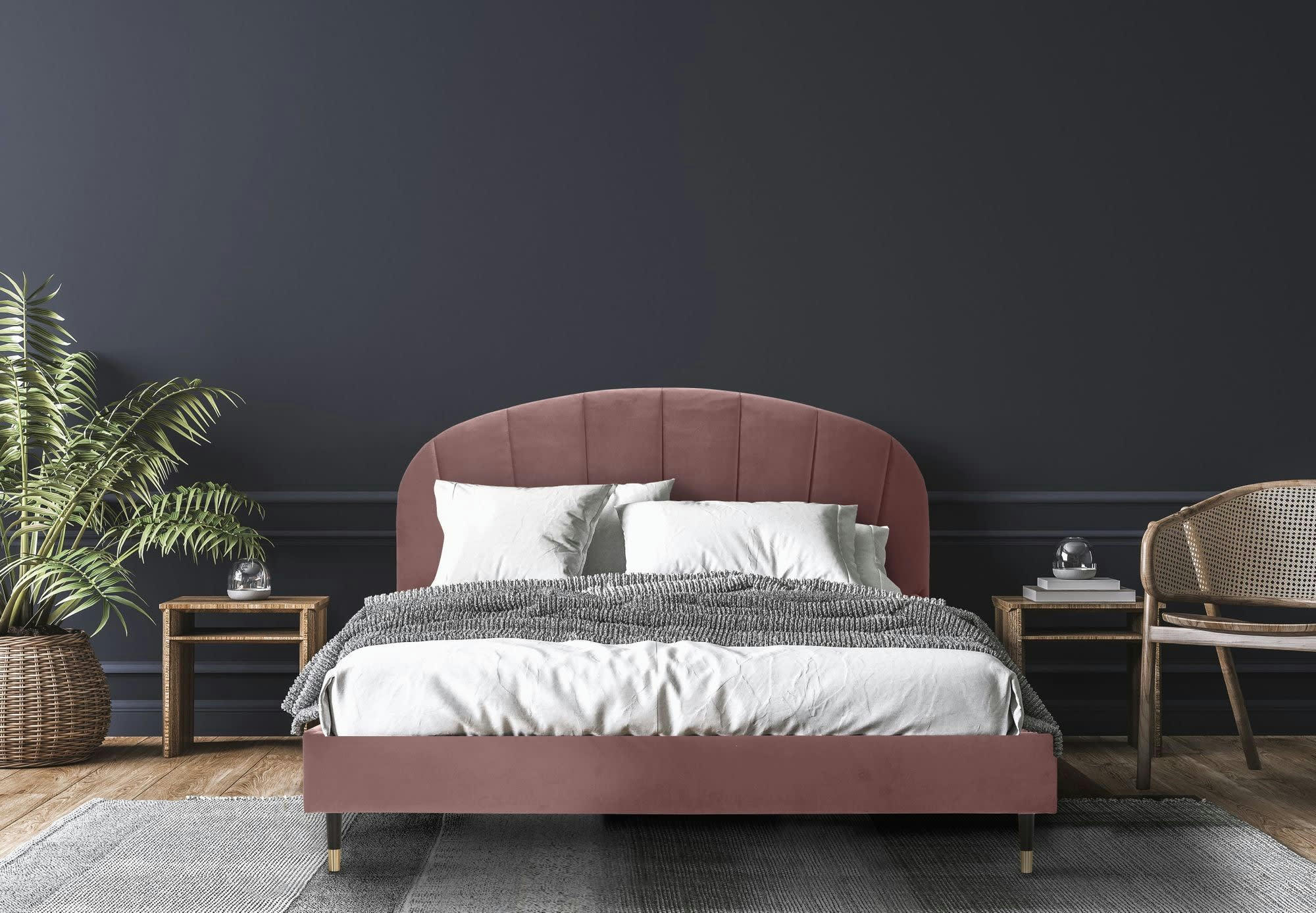 ALBA - Lit avec matelas 2 places  en velours vieux rose 140x190