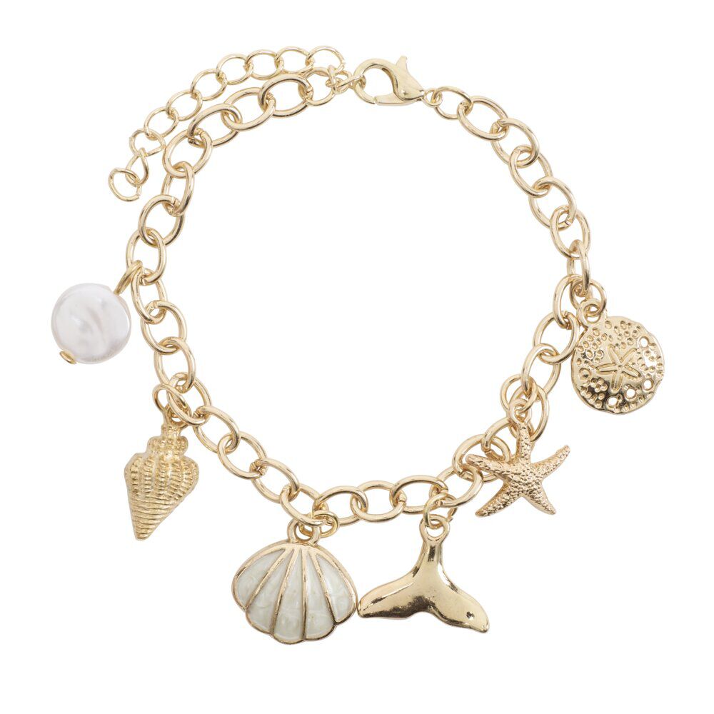 Bracelet chaÎne 6 pampilles coquillages métal doré L10cm