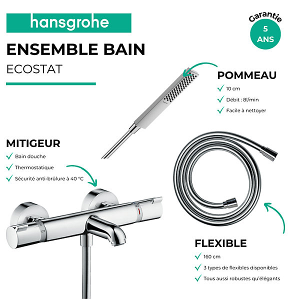 Pack mitigeur bain thermostatique HANSGROHE Ecostat Comfort   Flexible Metaflex 1,6m   Pommeau Pulsify E 100 EcoSmart chromé