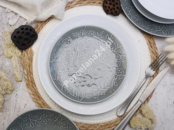 Komplet talerzy na 6 osób (18 el) Lubiana - Hanami Klasyczna Biel / Kamienna Szarość