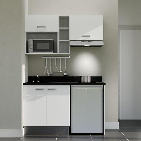 Kitchenette K13 - 140 cm - façades Blanc - Plan monobloc en quartz coloris Nero évier à gauche - Electroménager Inox