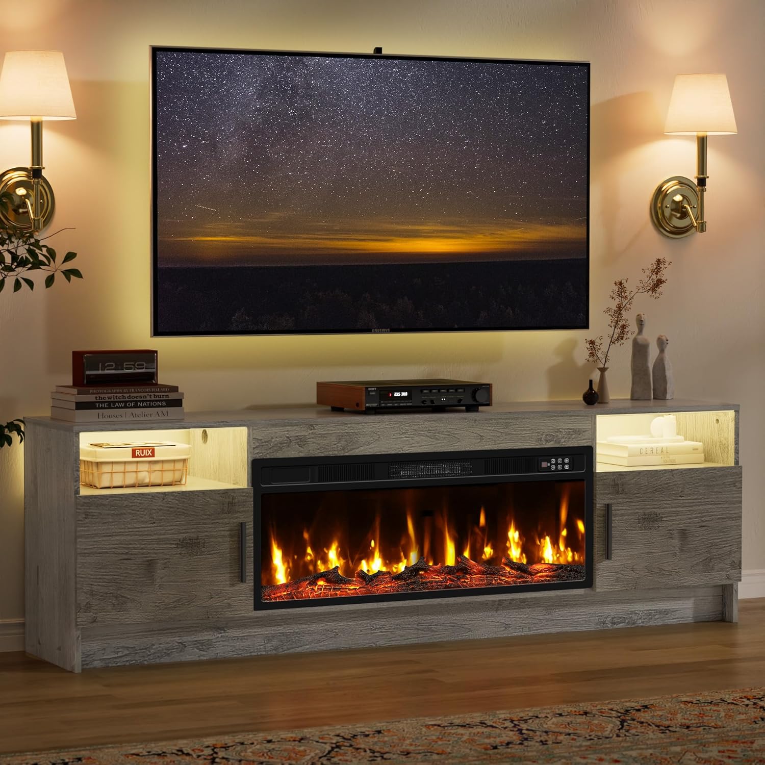 70 Inch Fireplace TV Stand for Living Room with 36 Electric Fireplace, Entertainment Center with Fireplace for TVs Up to 80, Media TV Console Cabinet, Gray LED TV Stand with Storage for Bedroom