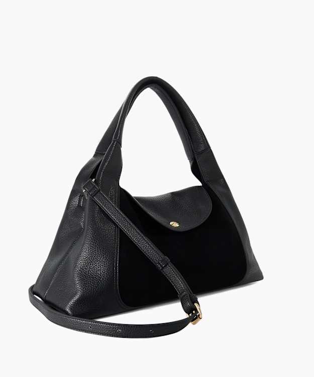 Deeply Black - Leather-Trim Shoulder Bag
