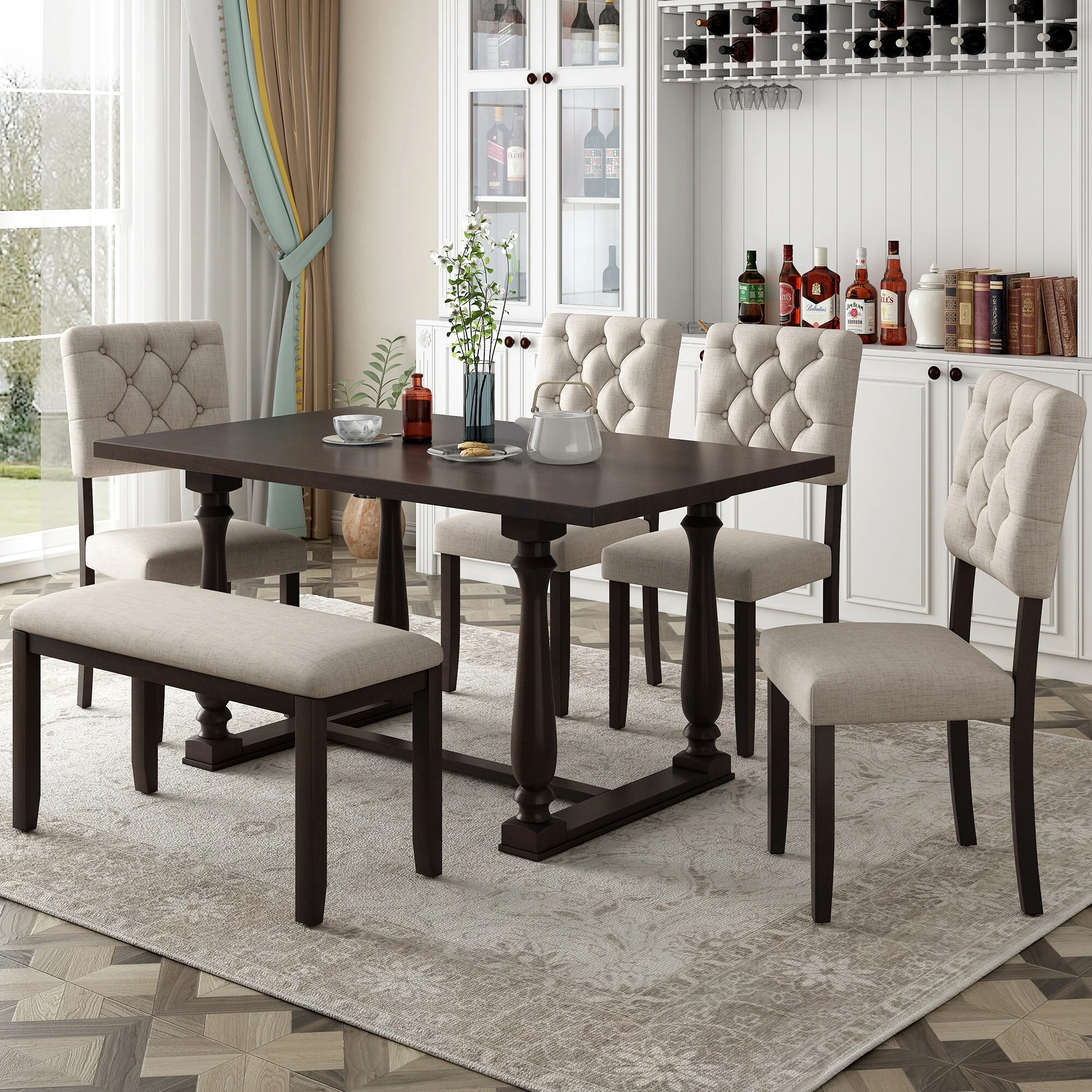 6-Piece Wooden Dining Table Set with Rectangular Table, 4 Chairs & Bench