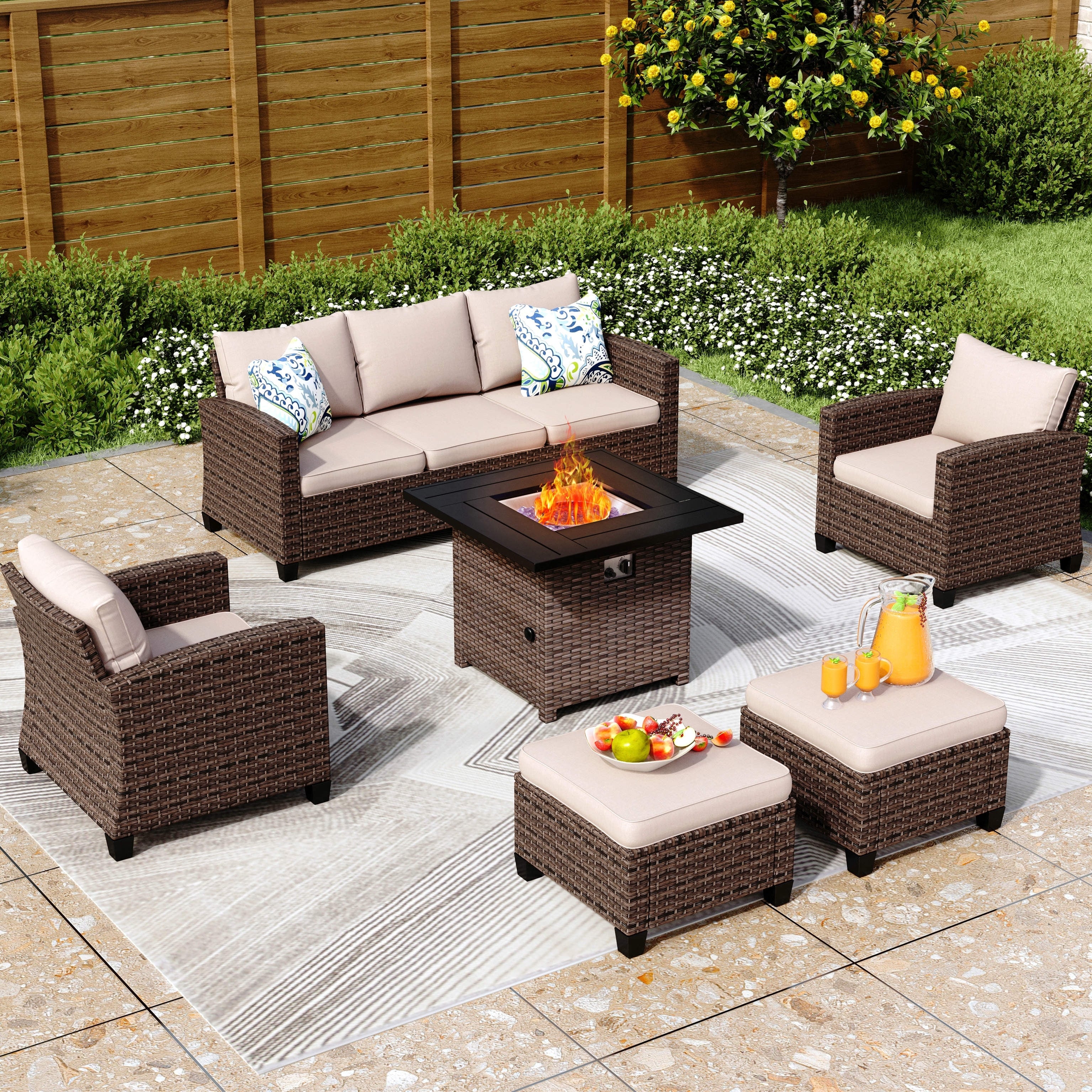 7/9-Seat Patio Furniture Wicker Rattan Outdoor High-back Sectional Sofa Conversation Set with Firepit Table