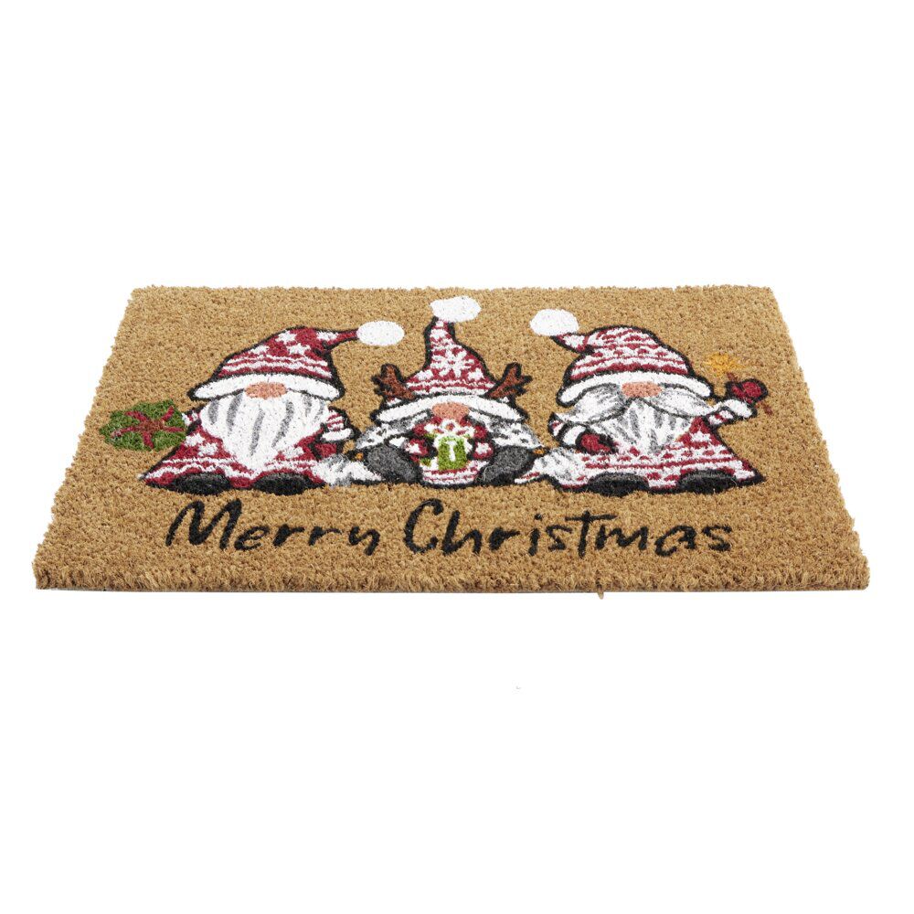 Tapis d'entrée No&euml;l rectangulaire coco motifs nains de jardin 40x60cm