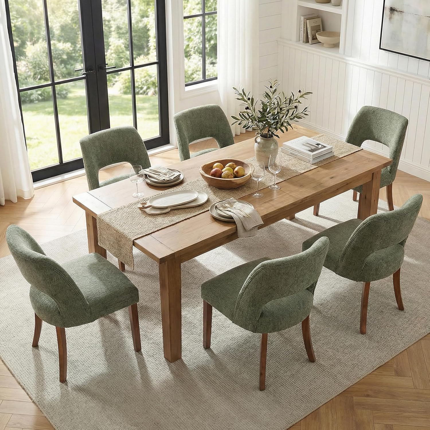 keoni Wooden Dining Chairs Set of 6, Mid Century Modern Upholstered Dining Room Chairs with Rubberwood Legs, Fabric Farmhouse Kitchen Chairs with Foot Pegs for Dining Room, Green