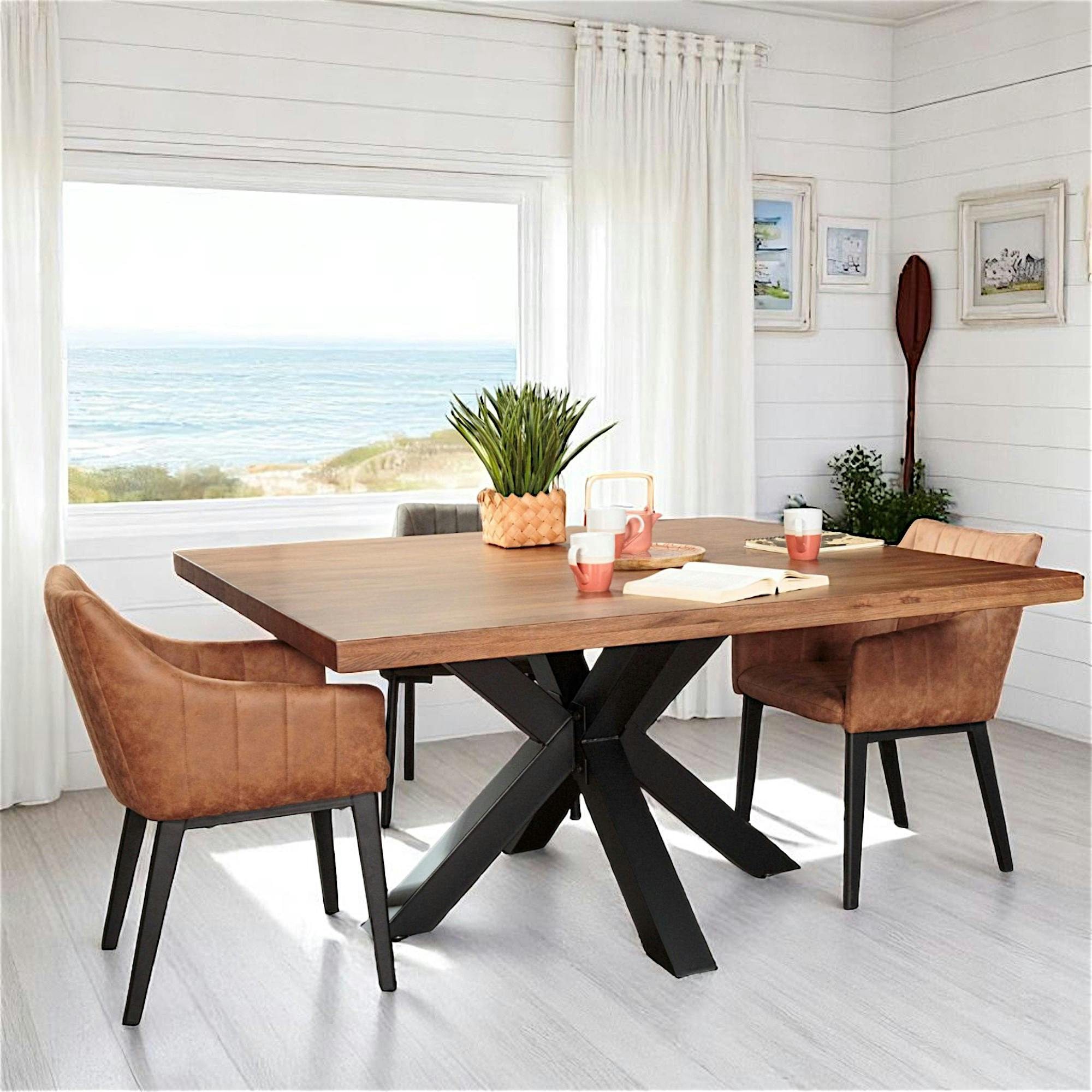Table à manger carrée chêne métal pied croisé 150 cm OKA
