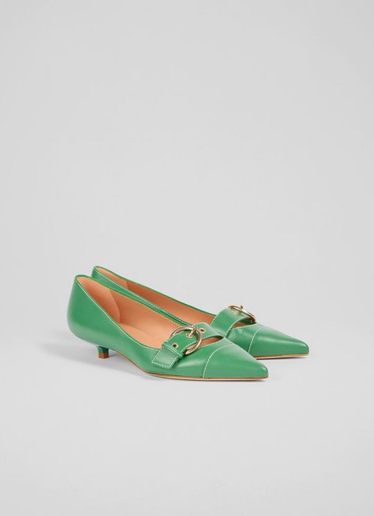 Lianna Green Leather Kitten Heel Courts