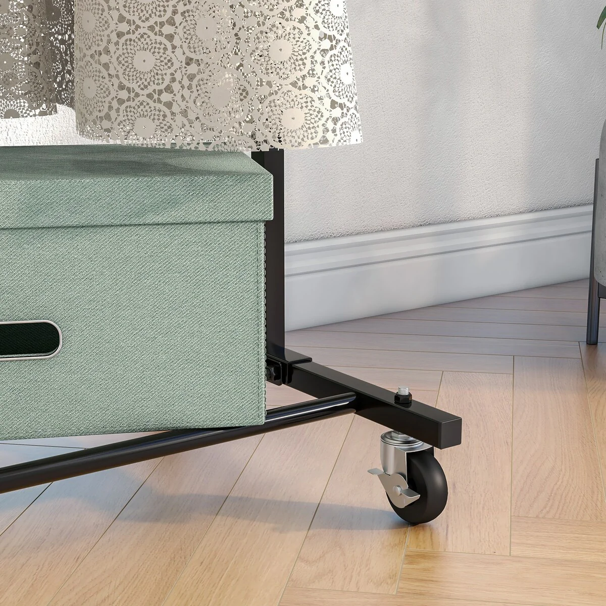 Rack With Wheels;  Clothing Rack with Mesh Storage Shelf;  Capacity 100 lbs;  2 Brakes;  Sturdy Steel Frame;  Black