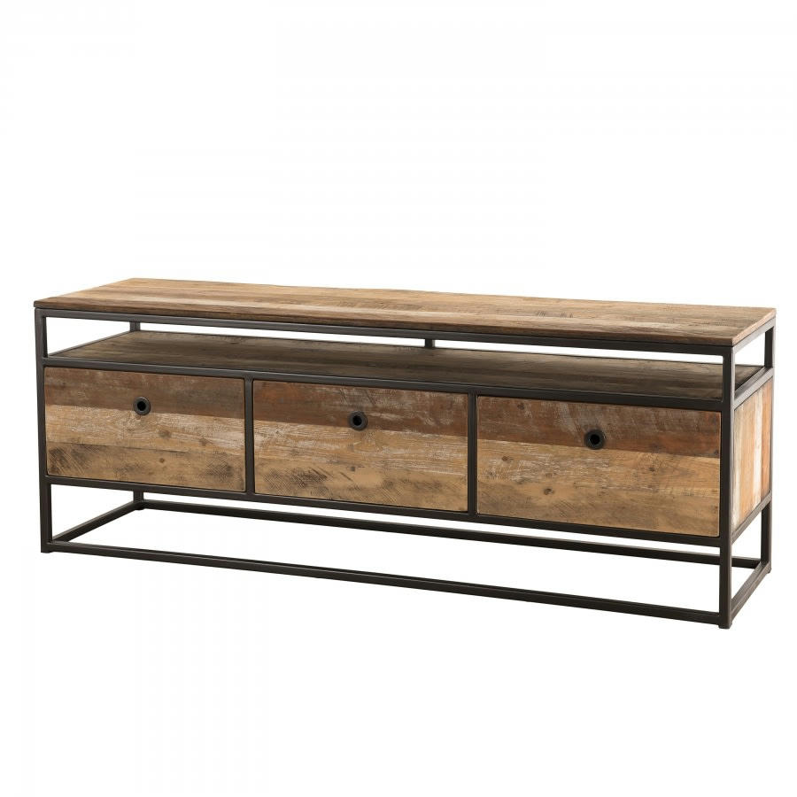 ALIDA - Meuble TV 3 tiroirs en teck recycléacacia mahogany métal noir