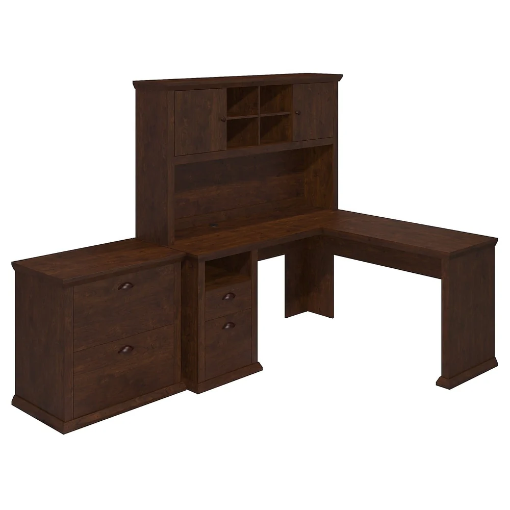 L-shaped Desk with Hutch and Lateral File Cabinet in Antique Cherry