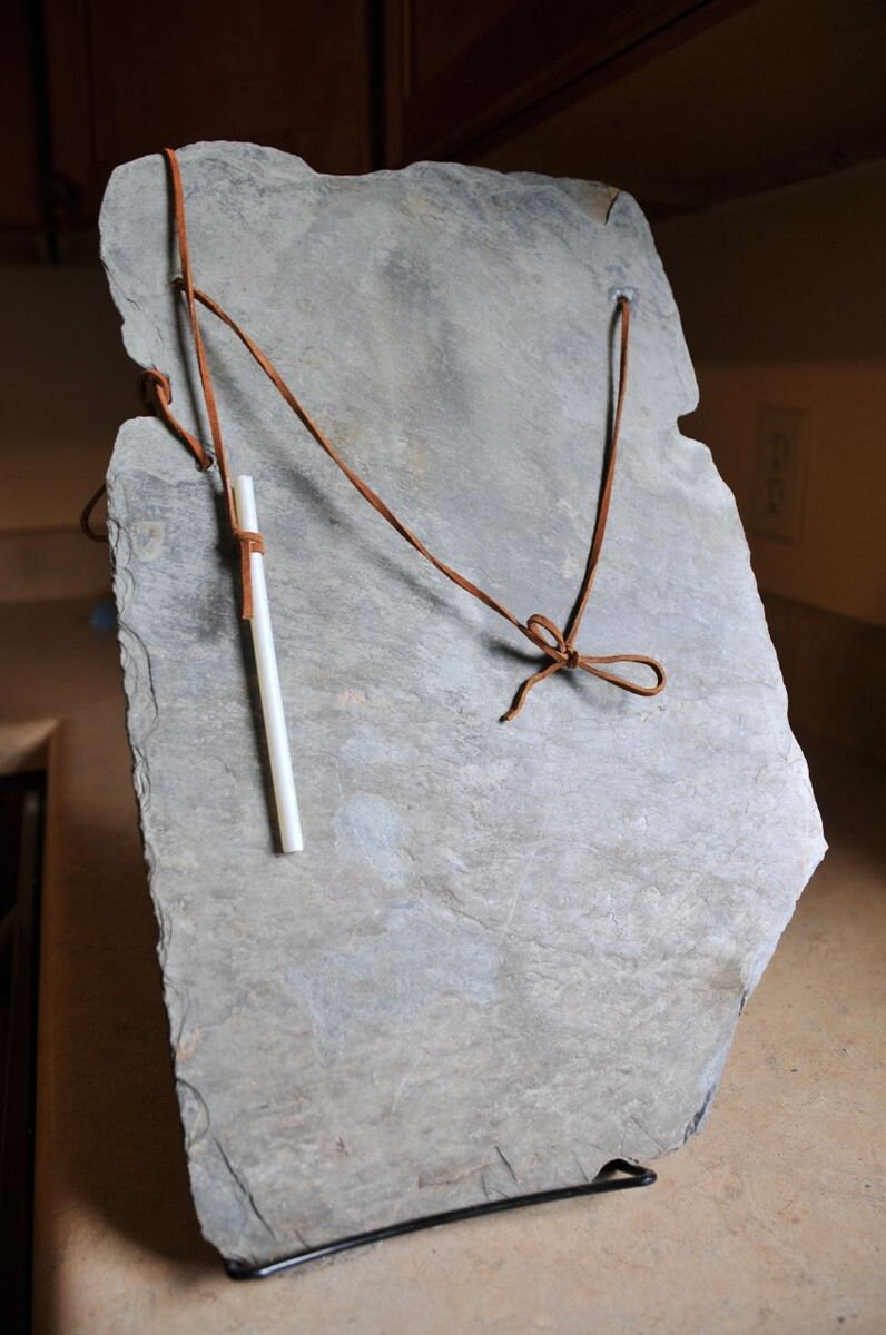 Vintage Slate Chalkboard, Leather Hanging, Soapstone Pencils